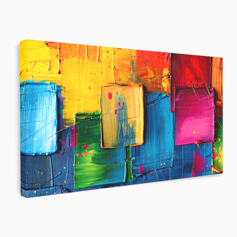 Tablou canvas cu pictura abstracta cu patrate colorate in relief, fara rama, pe sasiu de lemn